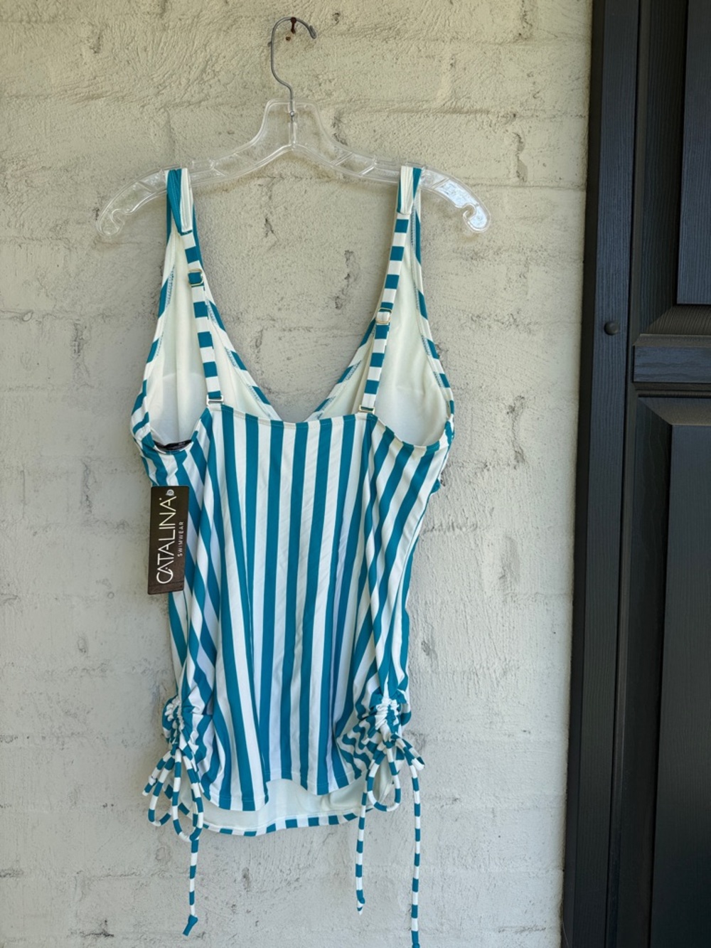 NWT Catalina Turquoise/White Striped Tankini Top w Adjustable Straps Size Large - Picture 7 of 12